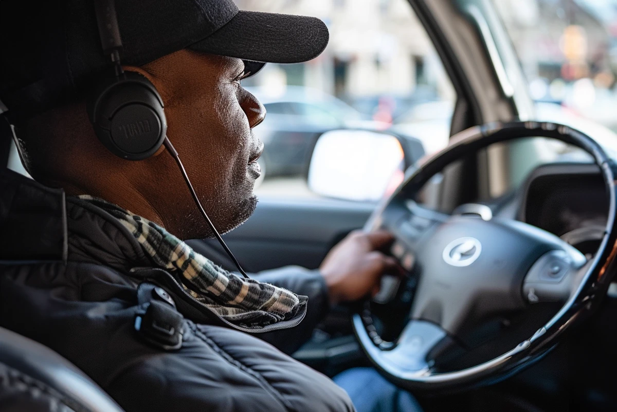 Uber driver using headphones while driving his car