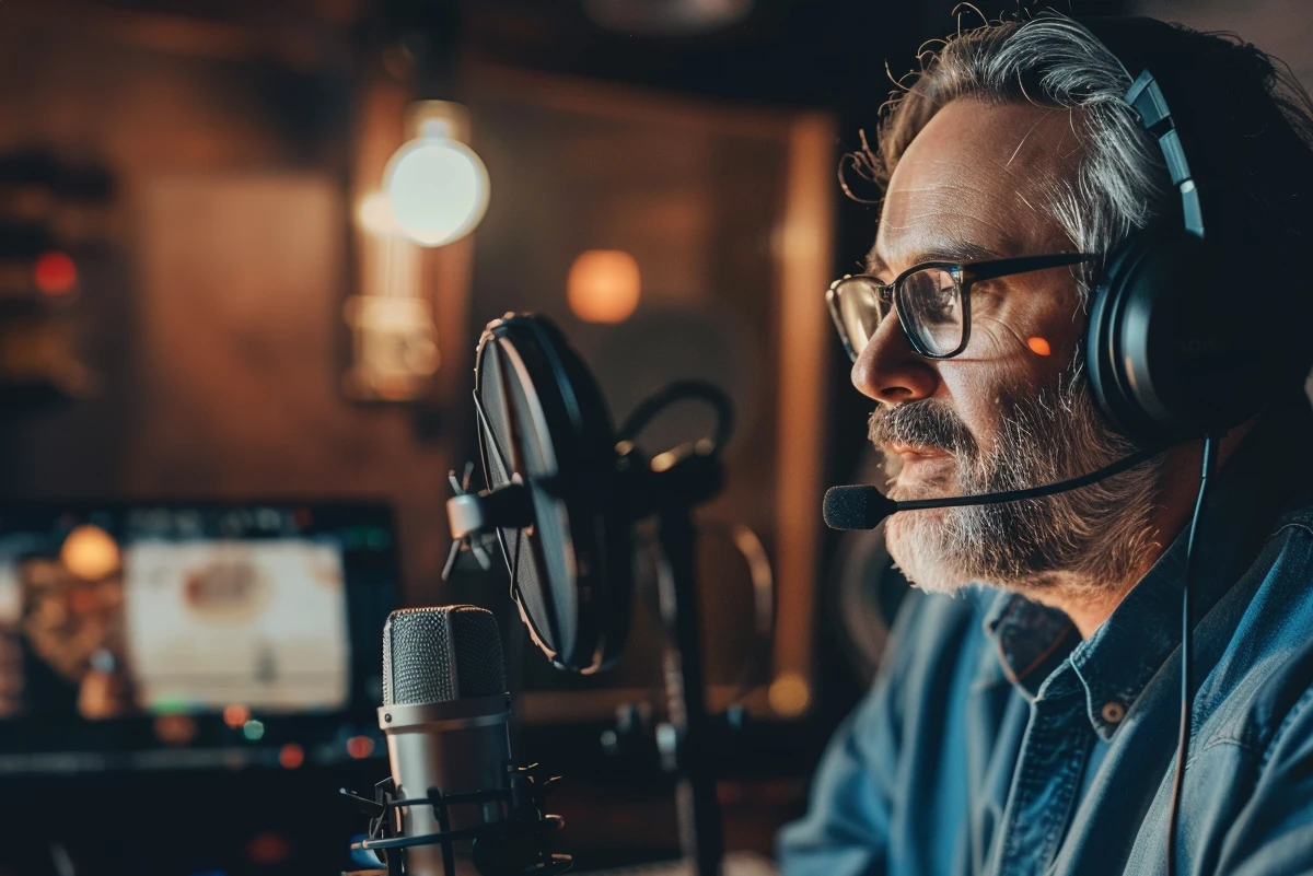 Older relaxed gentleman wearing a blue jean shirt recording an episode of his podcast