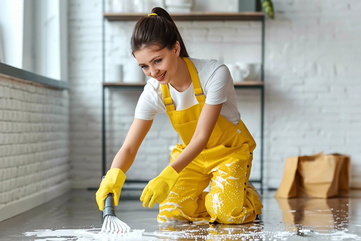 Woman cleaning a floor in clean white kitchen