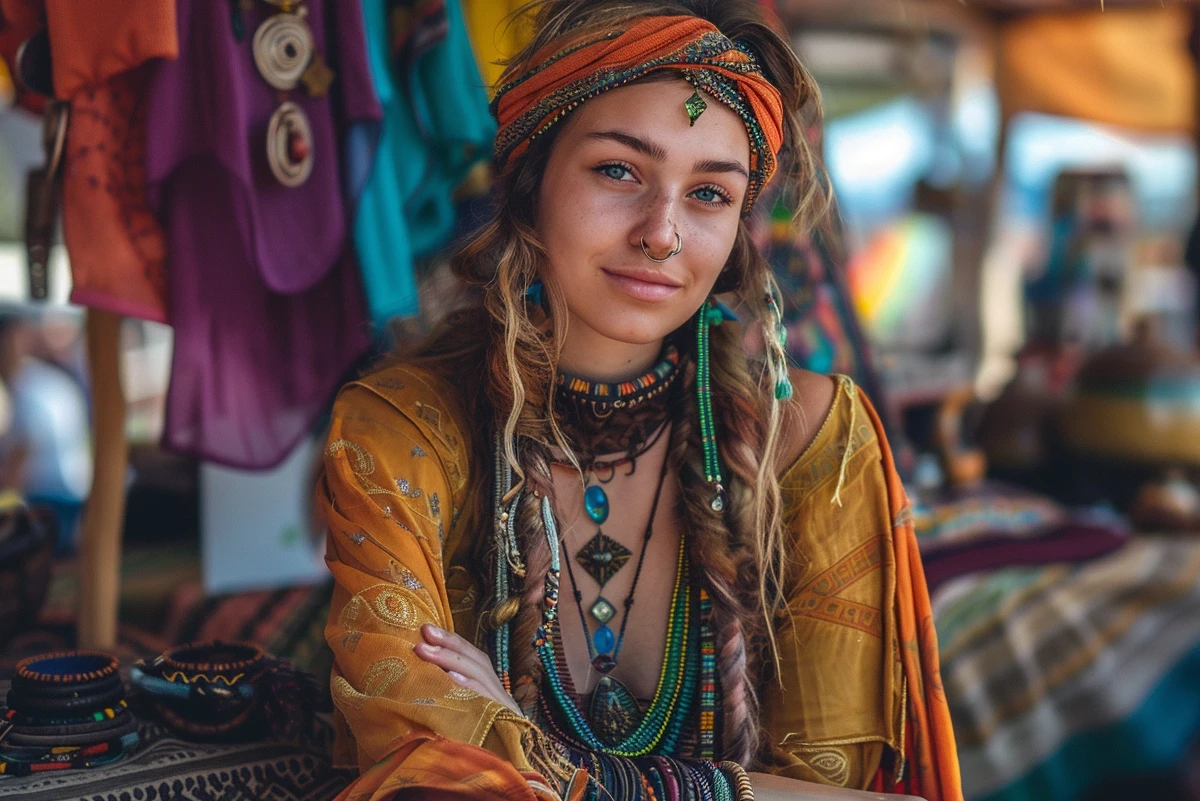 Young hippie girl with eclectic style selling jewelry and clothes at a craft show