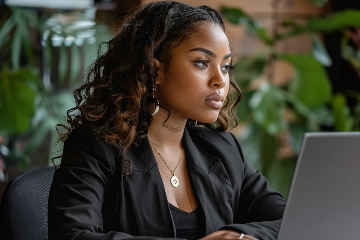 Beautiful and well dressed young black woman surrounded by greenery at work sitting and working on her laptop