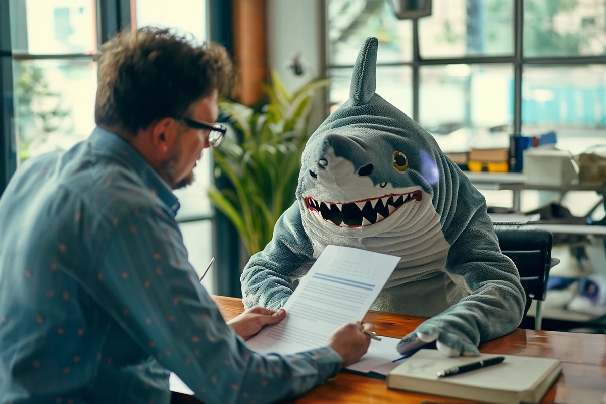 Man discussing documents with person in shark costume.