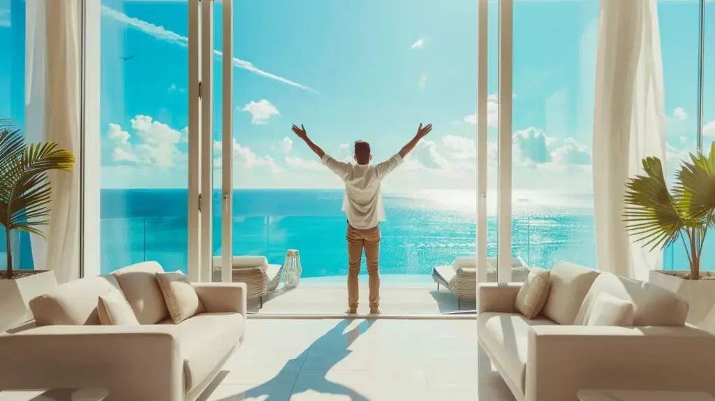 Man enjoying ocean view from modern beachfront room.