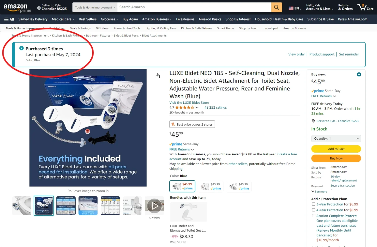 Screenshot of Amazon product page for Luxe Bidet NEO 185.