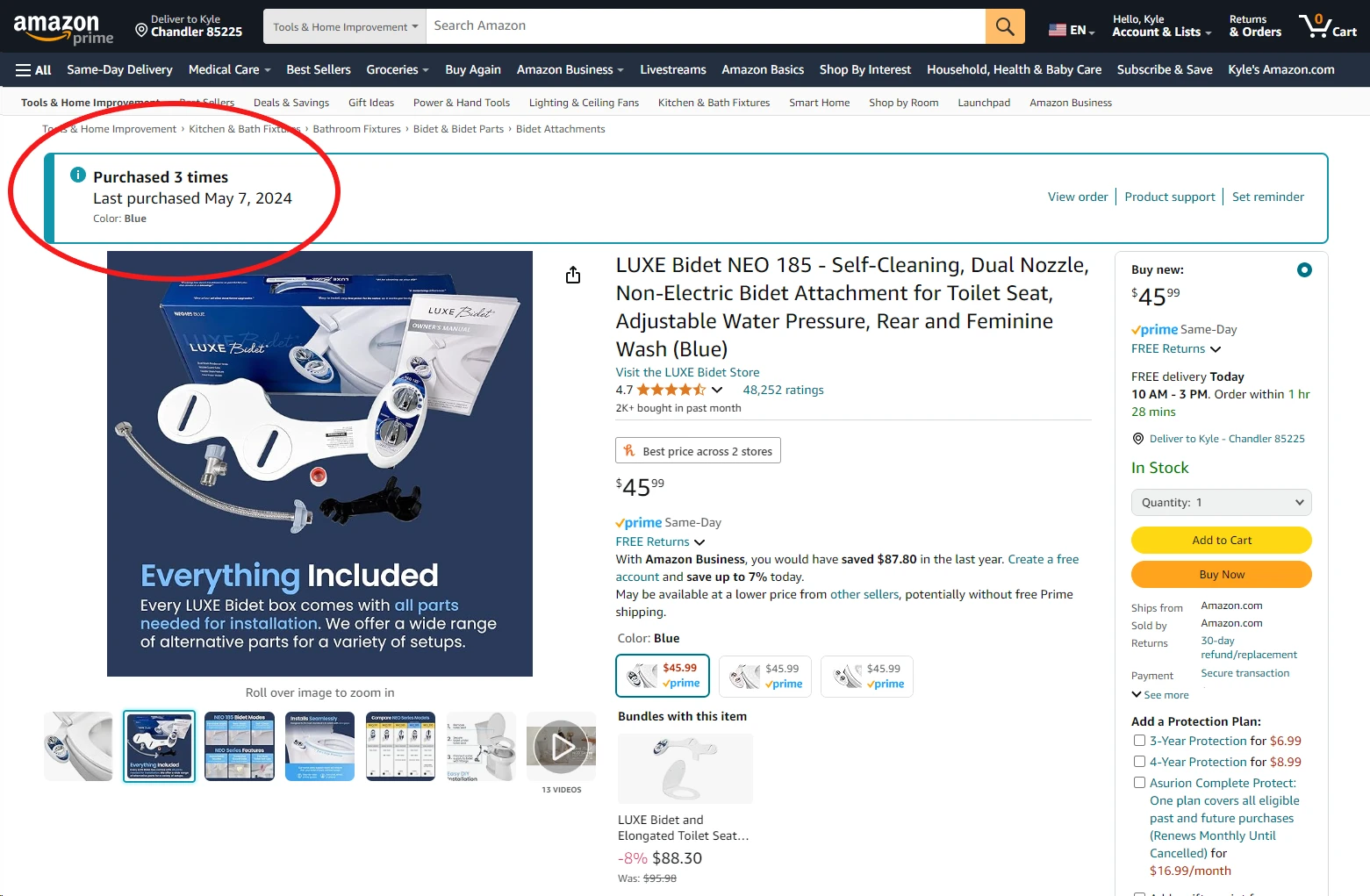 Screenshot of Amazon product page for Luxe Bidet NEO 185.