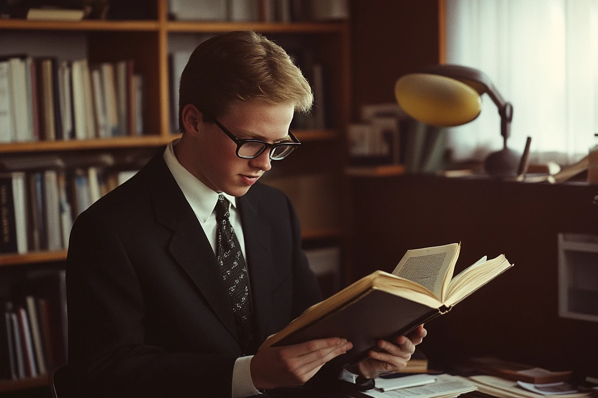 Man young depiction of Warren Buffet reading a book at his desk.