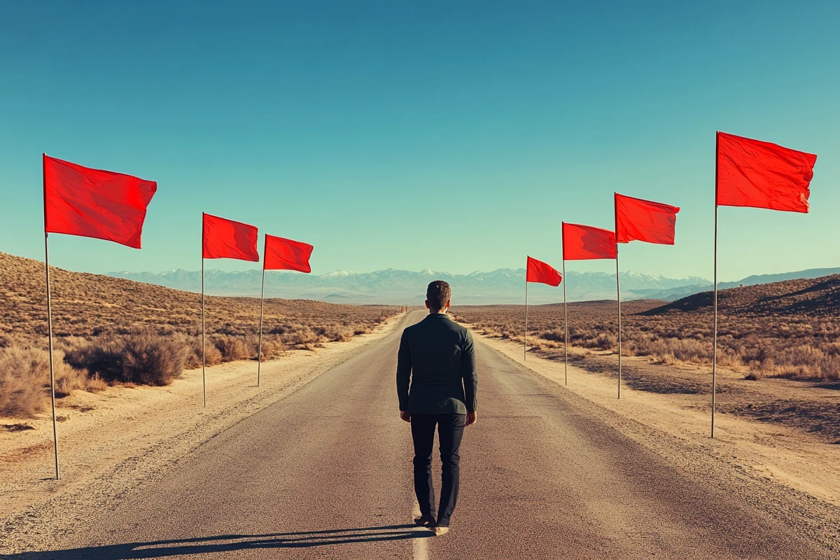 Person walking on desert road with seven red flags.