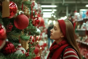 Woman admiring Christmas decorations in store.