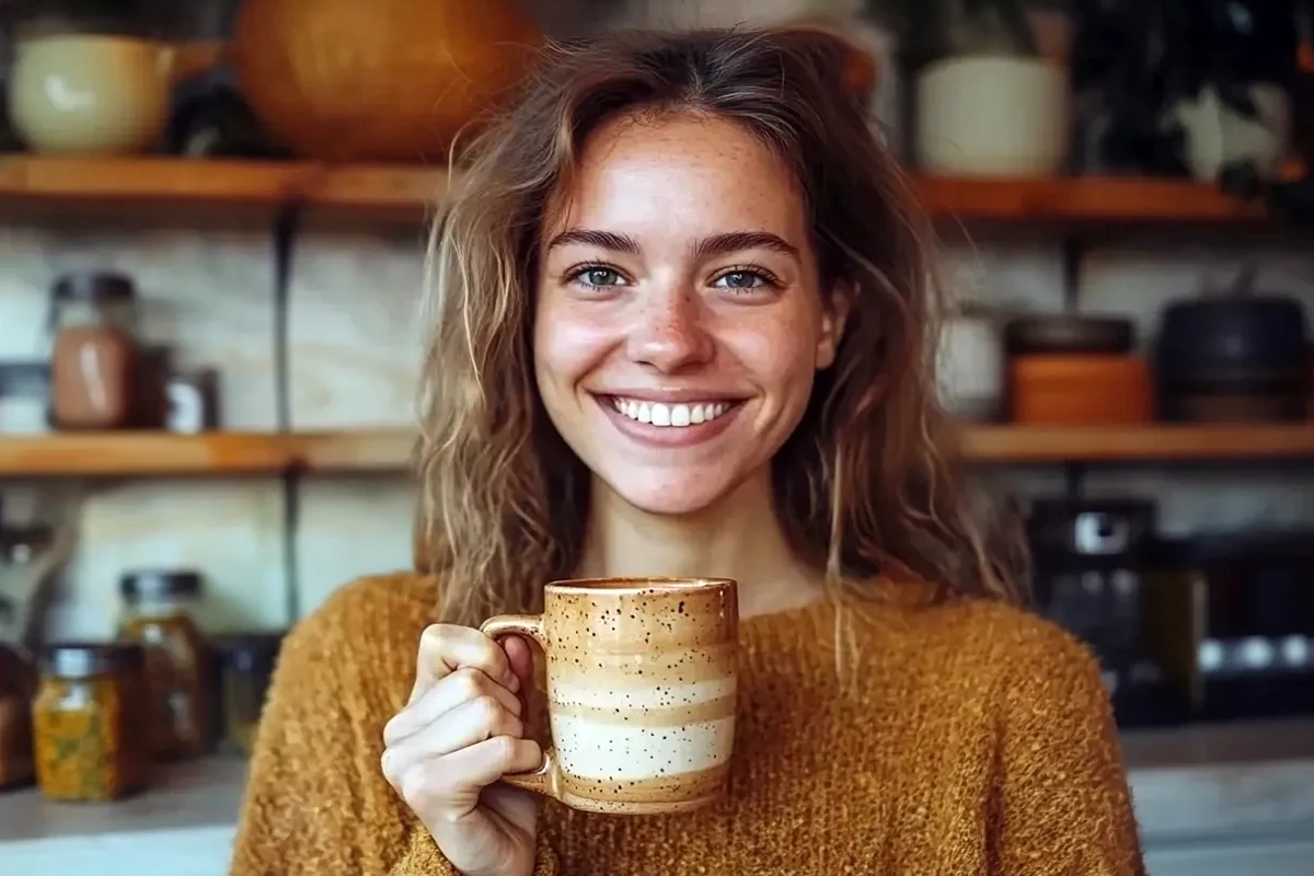 Smiling woman holding ceramic mug in cozy kitchen.