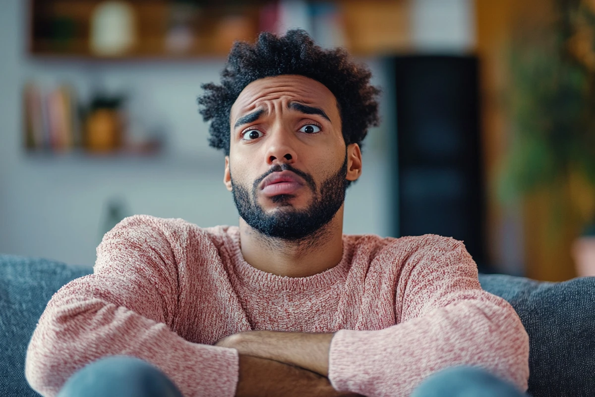 Confused man sitting on couch in living room.