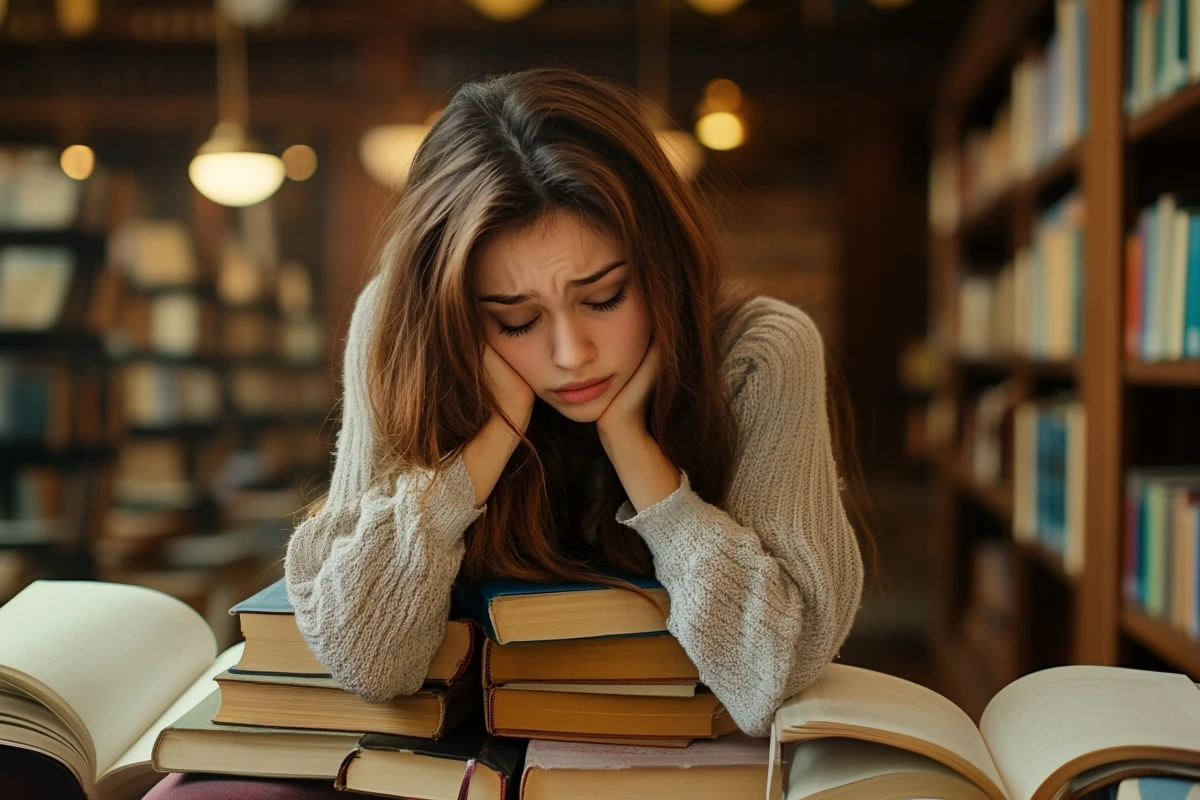 Stressed woman studying among piles of books