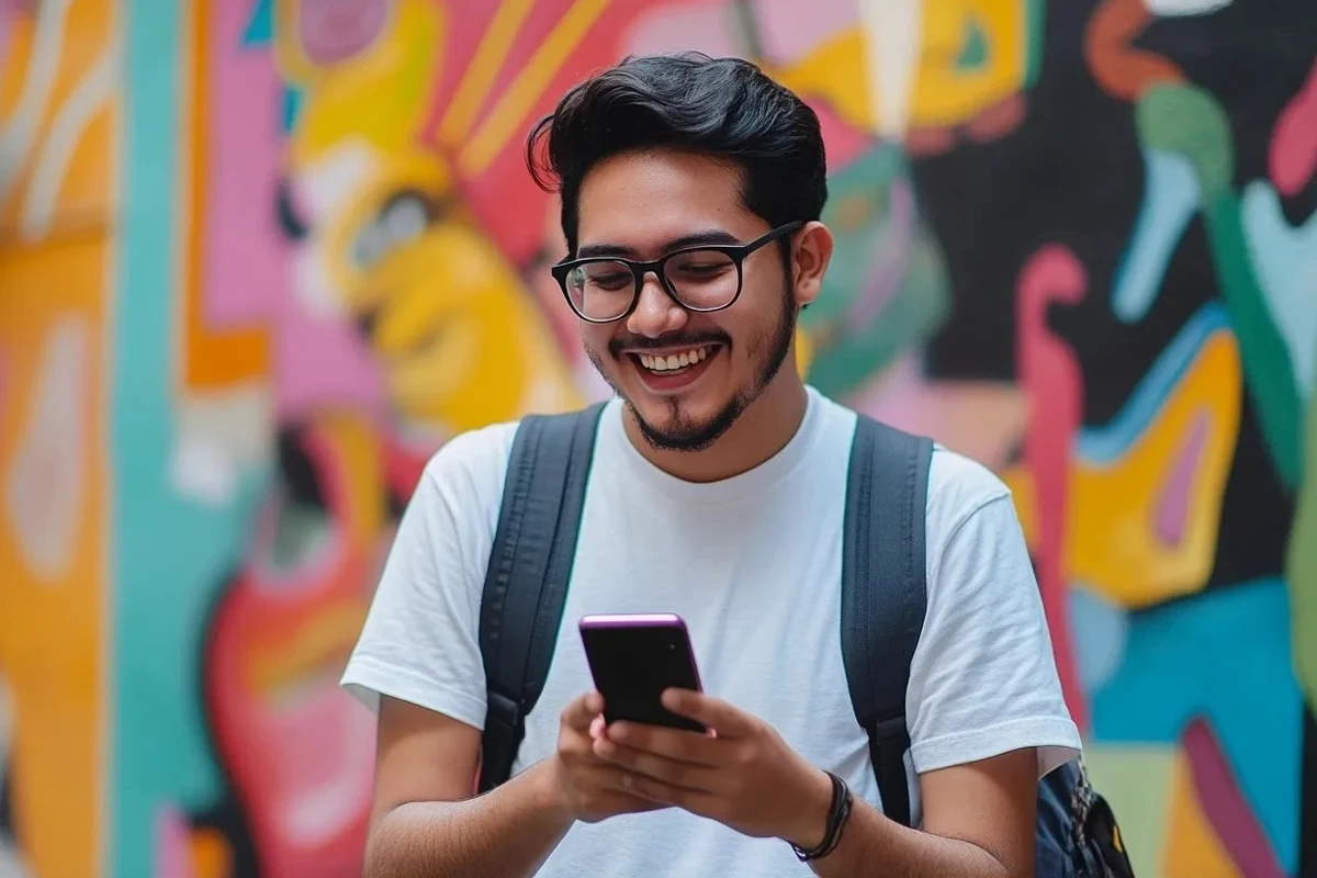 Smiling man using smartphone against colorful mural.