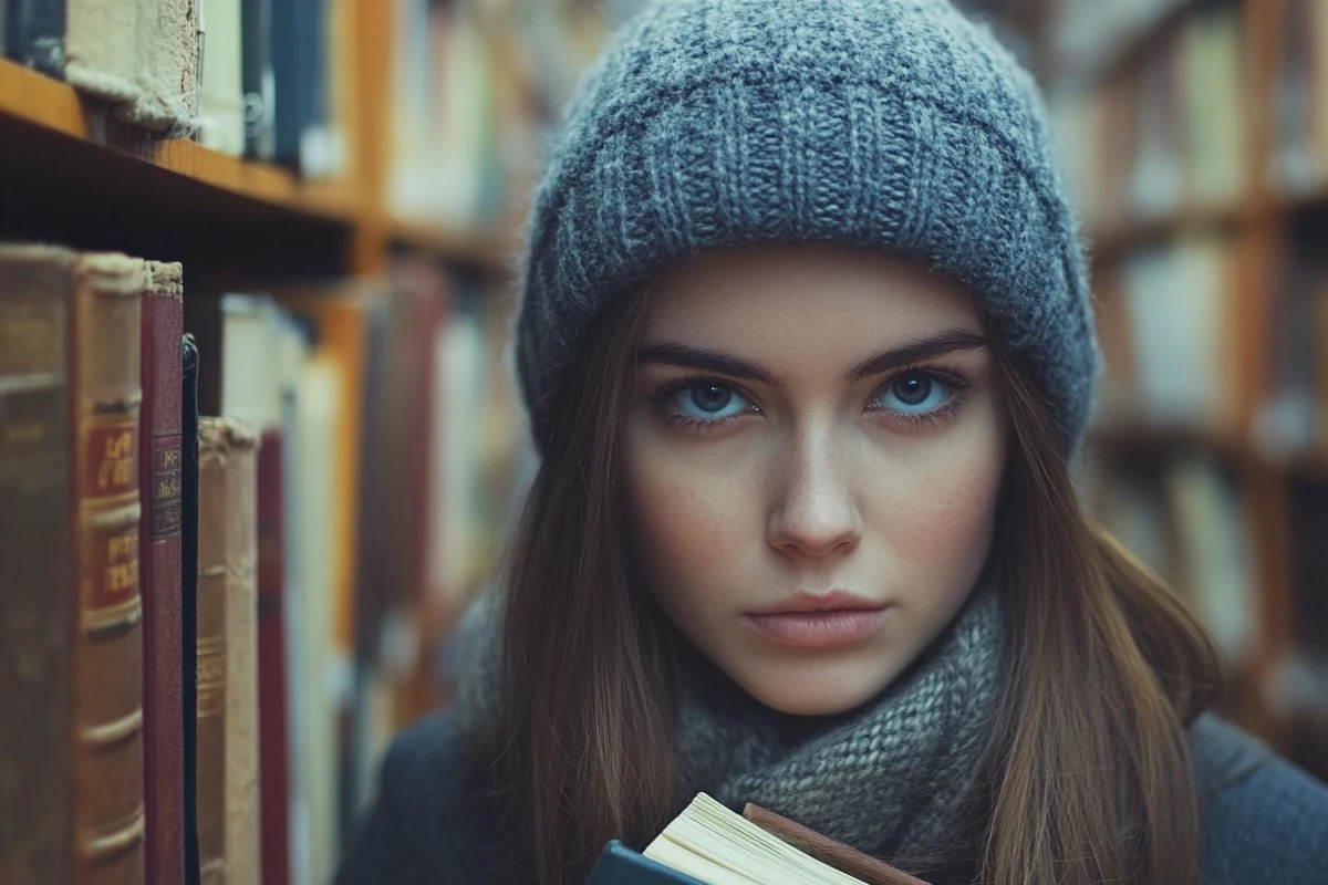 A determined woman in library holding books, wearing winter clothes.