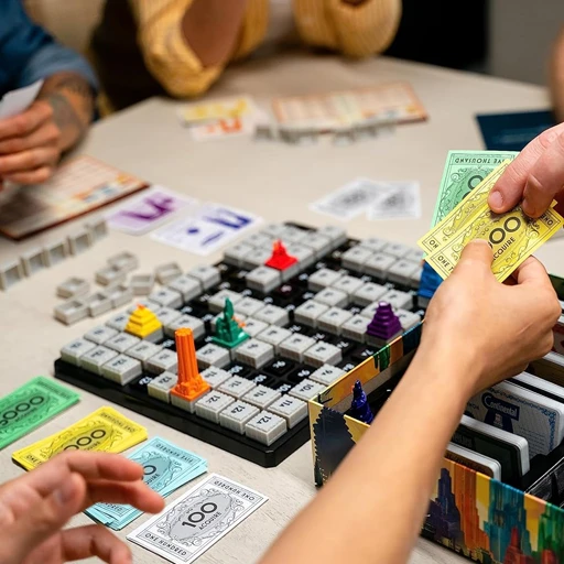 People playing a strategic board game with money