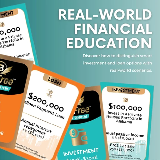 Graphic promoting financial education with example investment cards