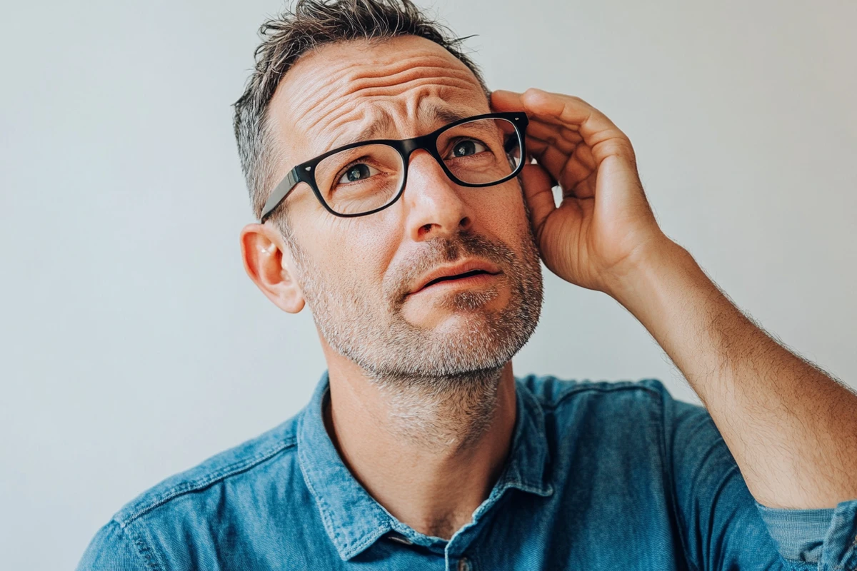 Middle-aged man with glasses scratching head, puzzled.