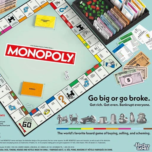 Monopoly board game with pieces and money