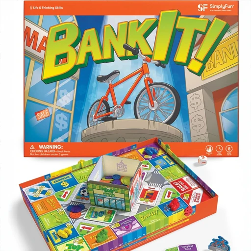 BankIt board game box with vibrant bicycle artwork.