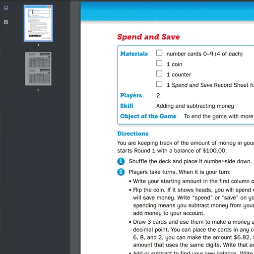 Educational game instructions on adding and subtracting money