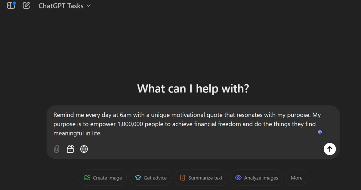 Chat interface with motivational purpose statement and tools