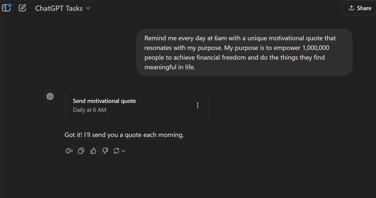 Chat interface setting up daily motivational quote reminders.