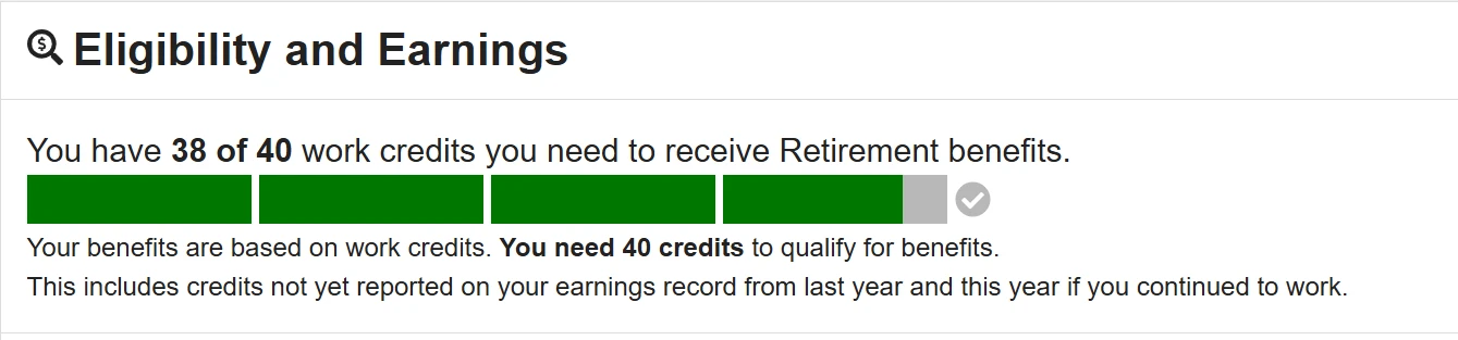 Bar chart showing 38 of 40 work credits for retirement benefits.