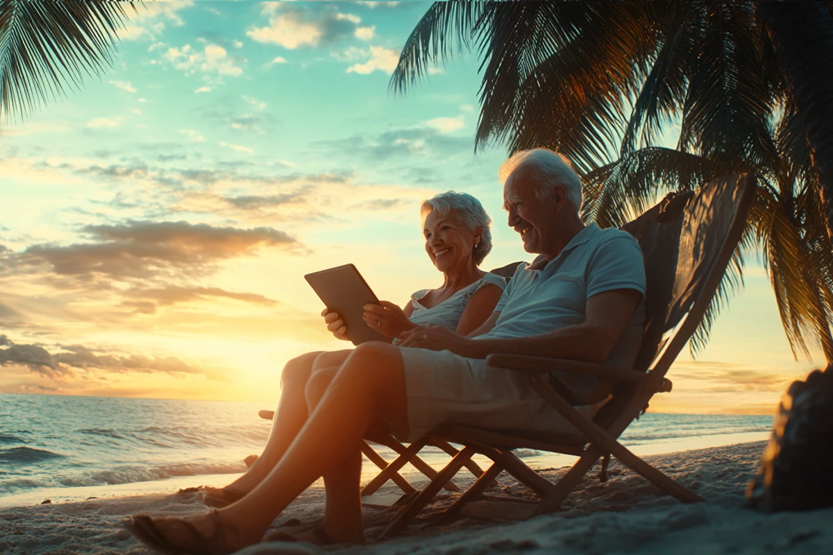 Elderly couple reading on beach chairs at sunset