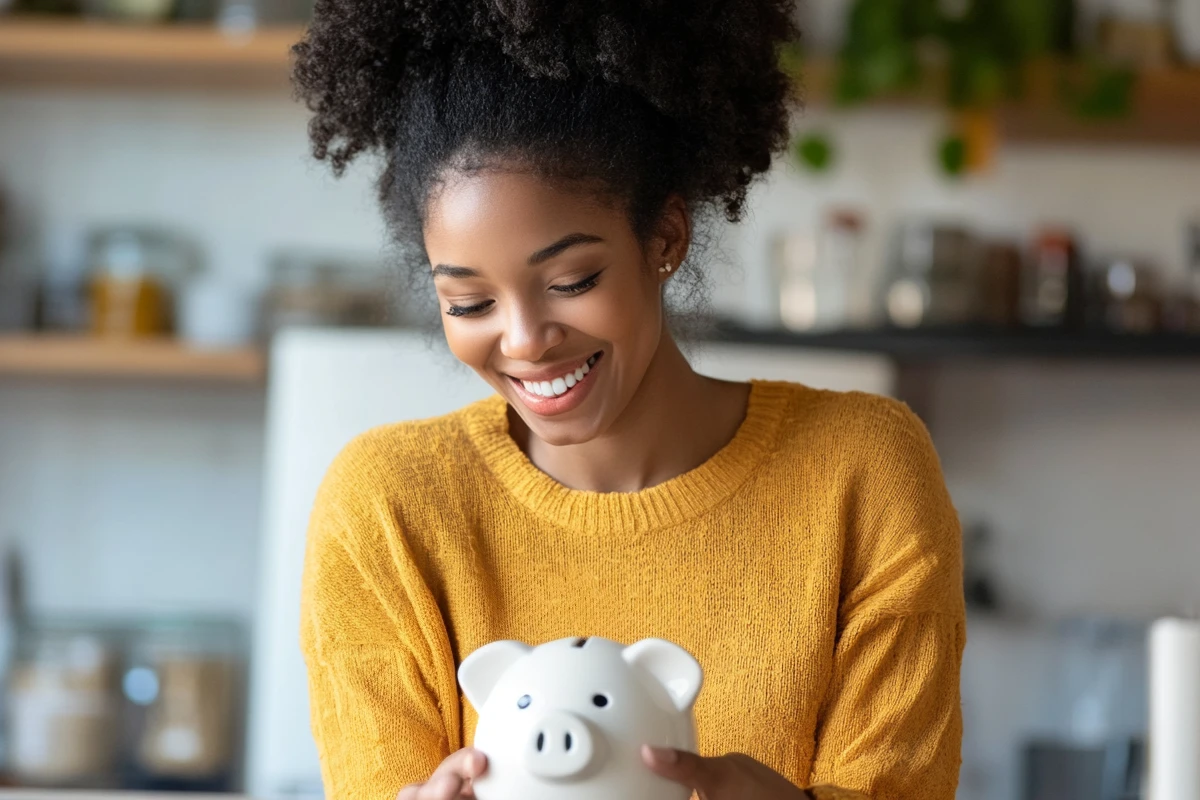 Happy woman holding a piggy bank in kitchen