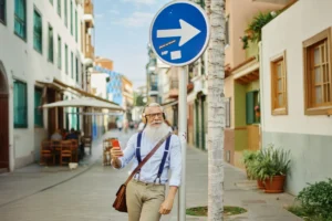 Smiling elderly man with headphones using smartphone by street sign