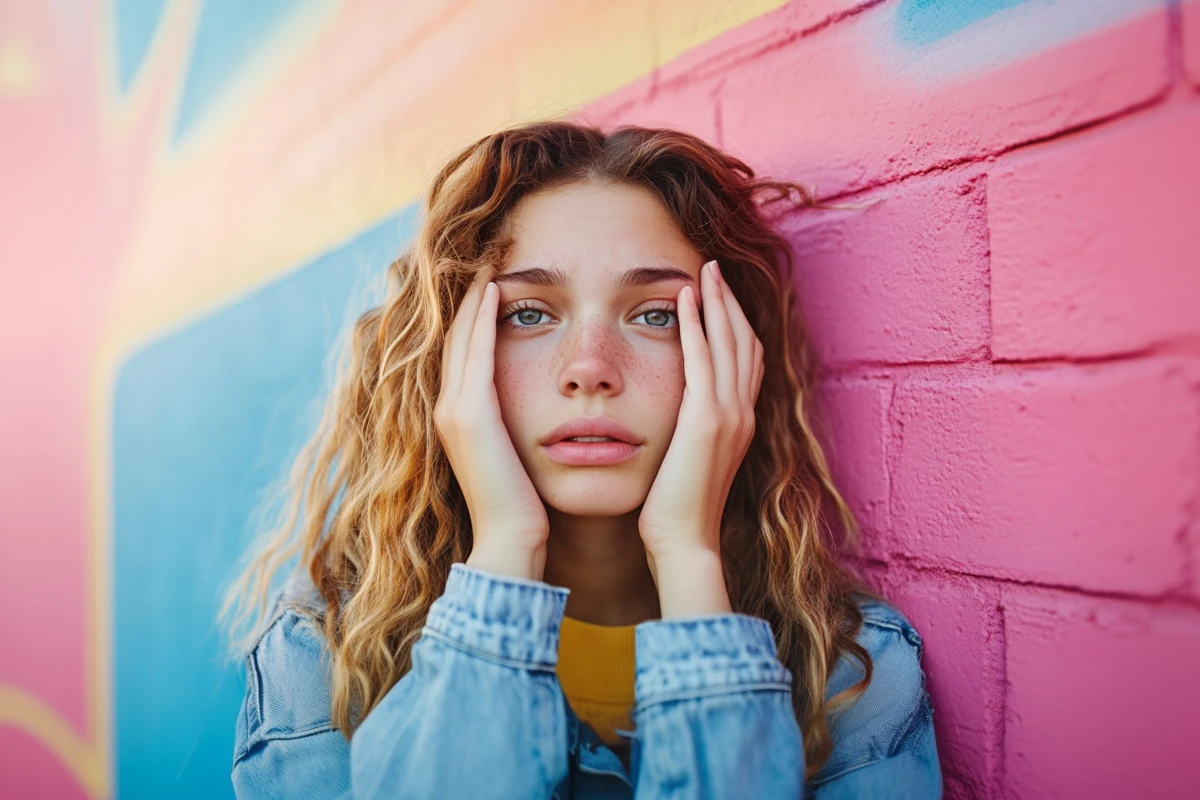 Young woman posing against colorful graffiti wall