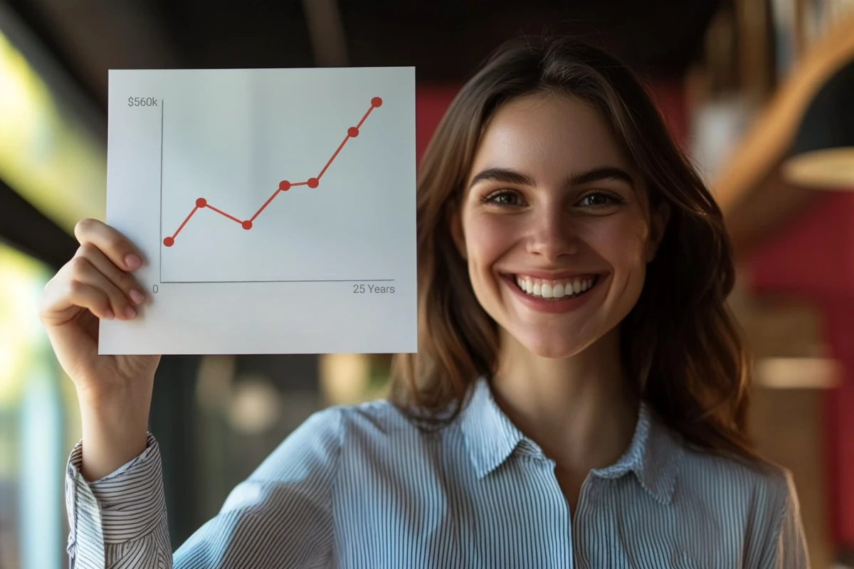 Woman holding graph showing net worth