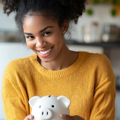 Happy woman holding a piggy bank in kitchen