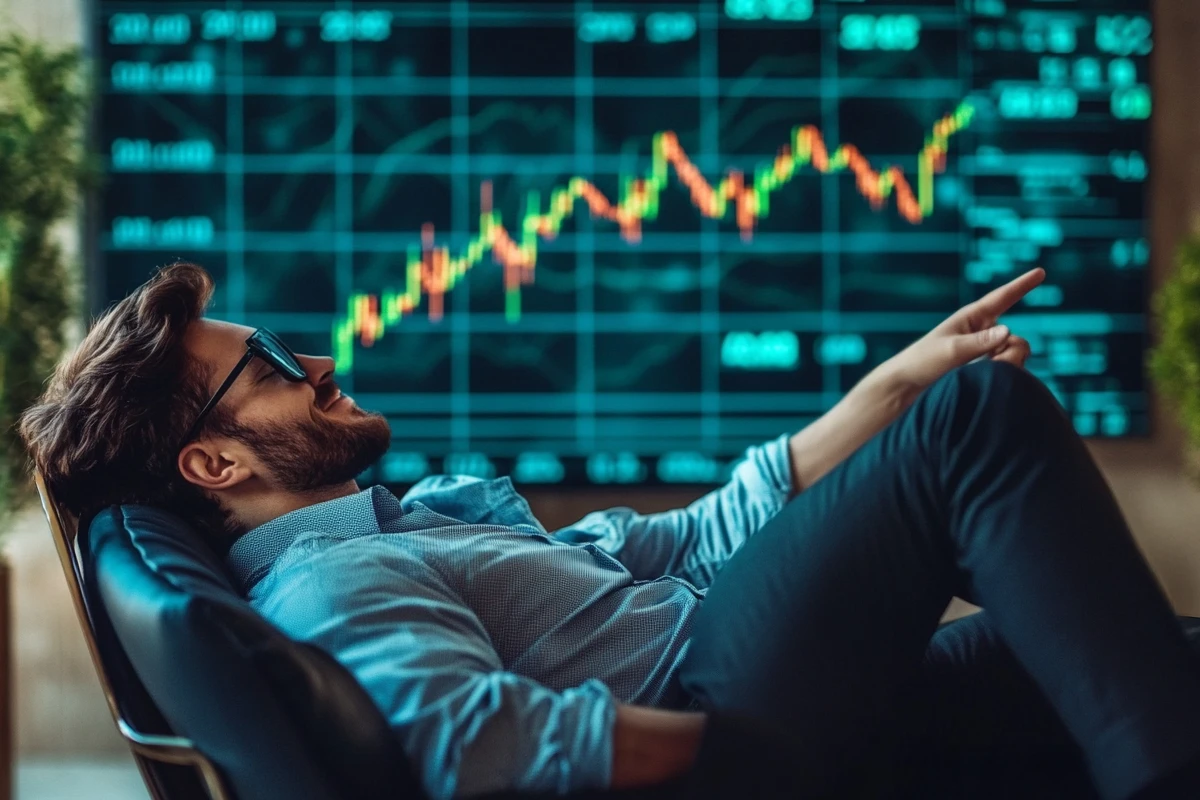 Relaxed man pointing up and stock market chart is going up