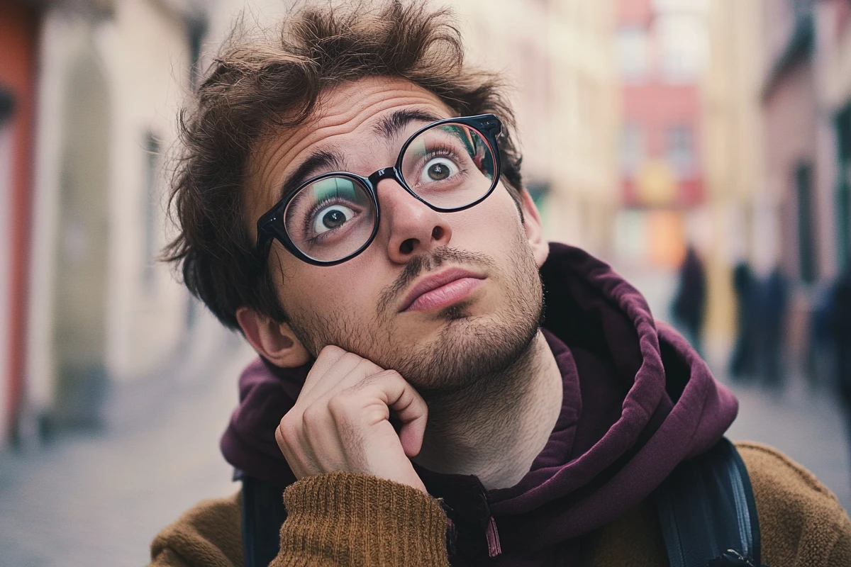 Pensive man with glasses looking upward