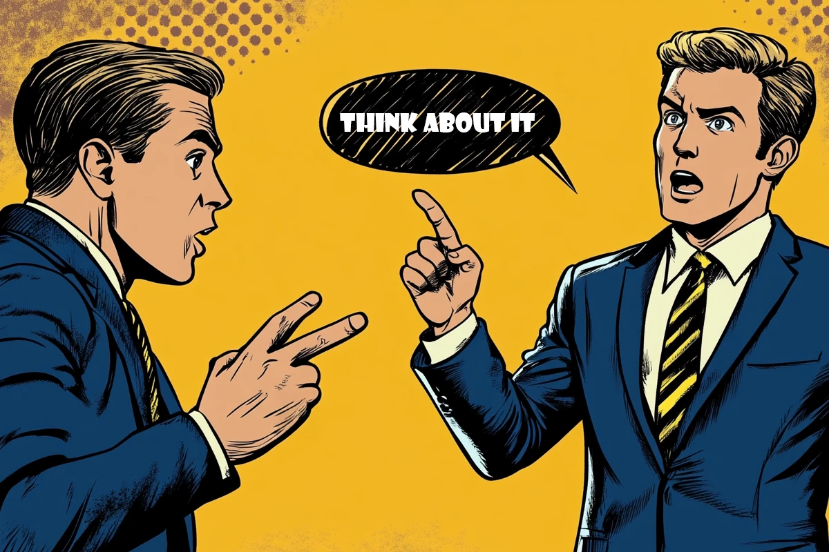 Two animated men arguing with comic speech bubble