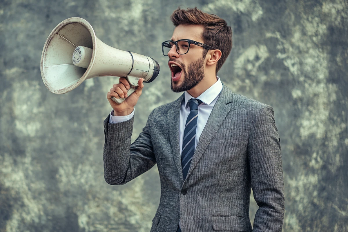 Businessman shouting through megaphone against textured background