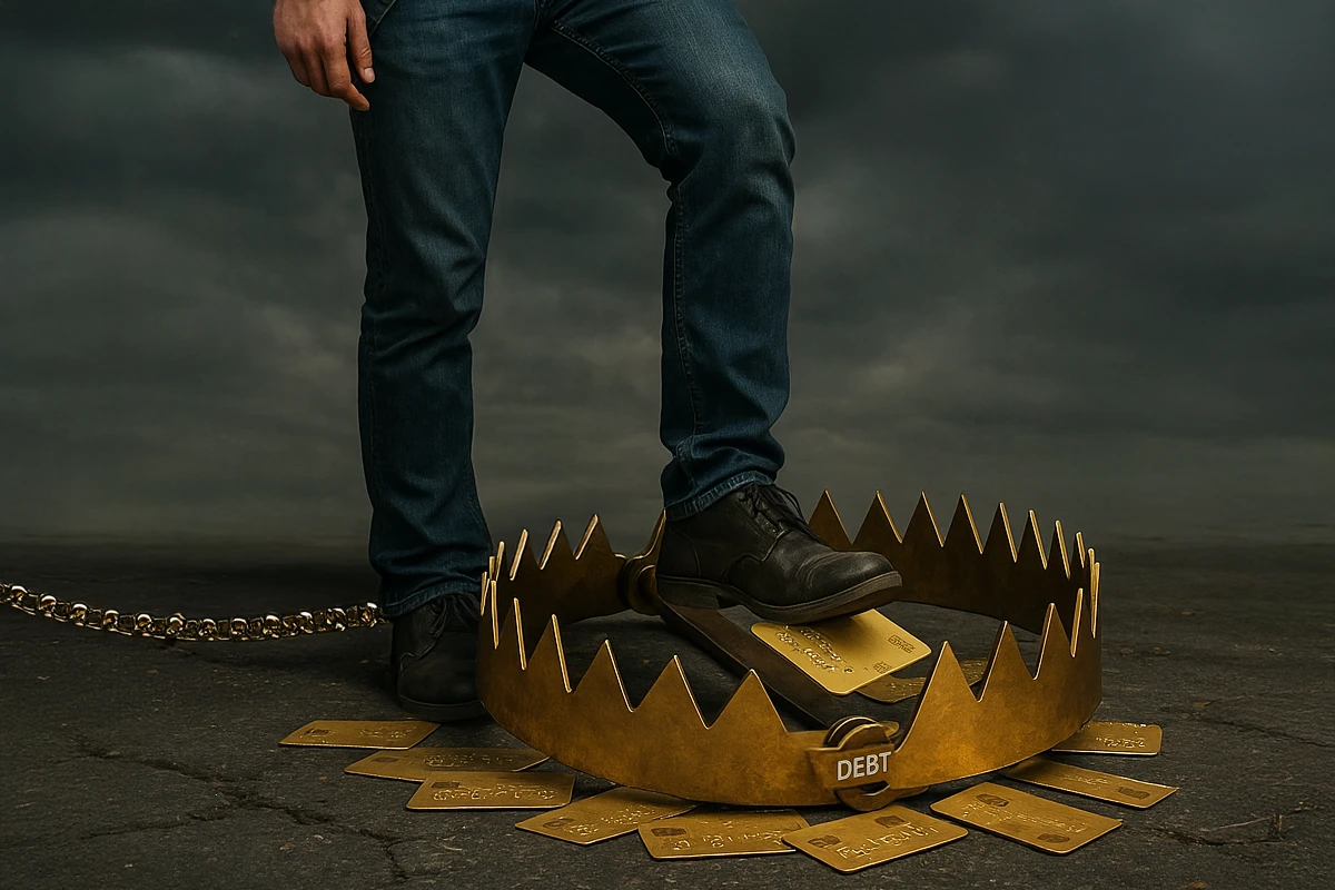 Person trapped in debt bear trap with credit cards