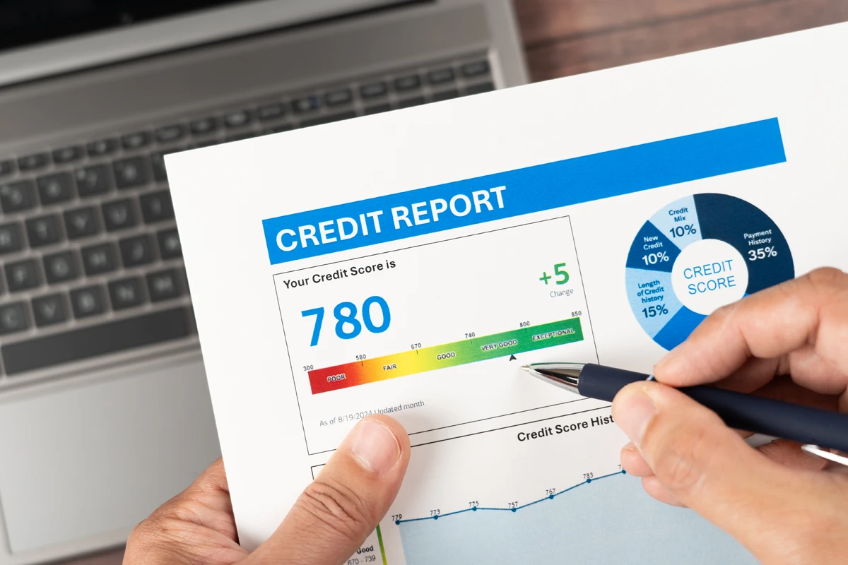 Person reviewing a detailed credit report showing score 780