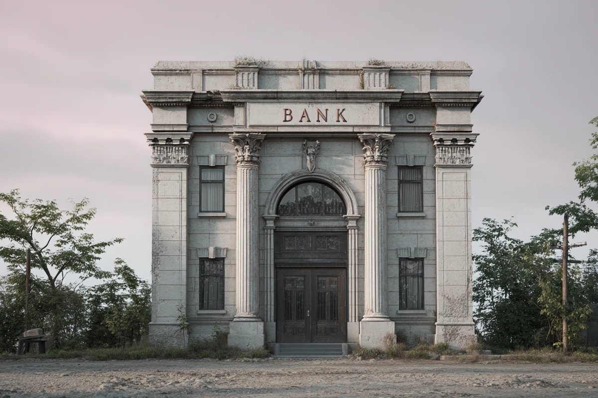 Old classical bank building with overgrown surroundings