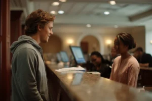 Young man and woman talking at hotel reception