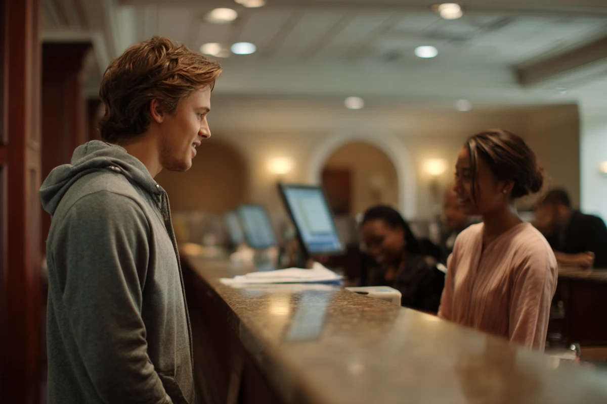 Young man and woman talking at hotel reception