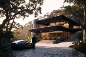 Man approaching modern house with luxury car