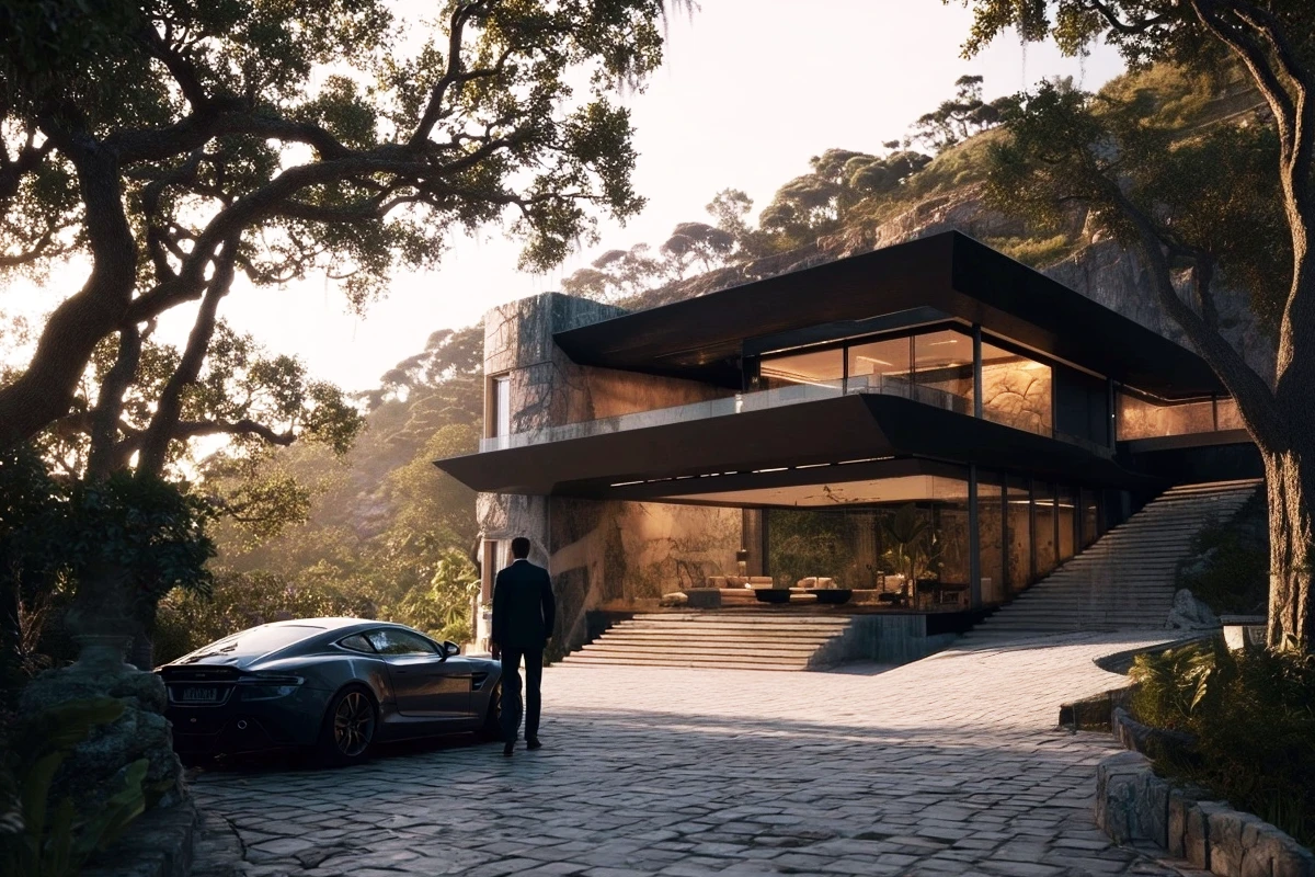Man approaching modern house with luxury car
