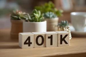 Wooden blocks spelling 401K on desk
