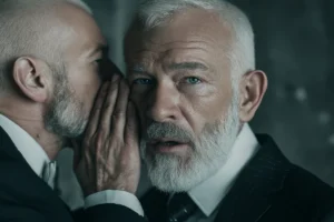 Two senior men whispering secrets in a dark room
