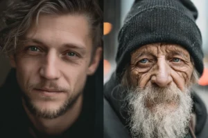 Young man and elderly man, contrasting close-up portraits