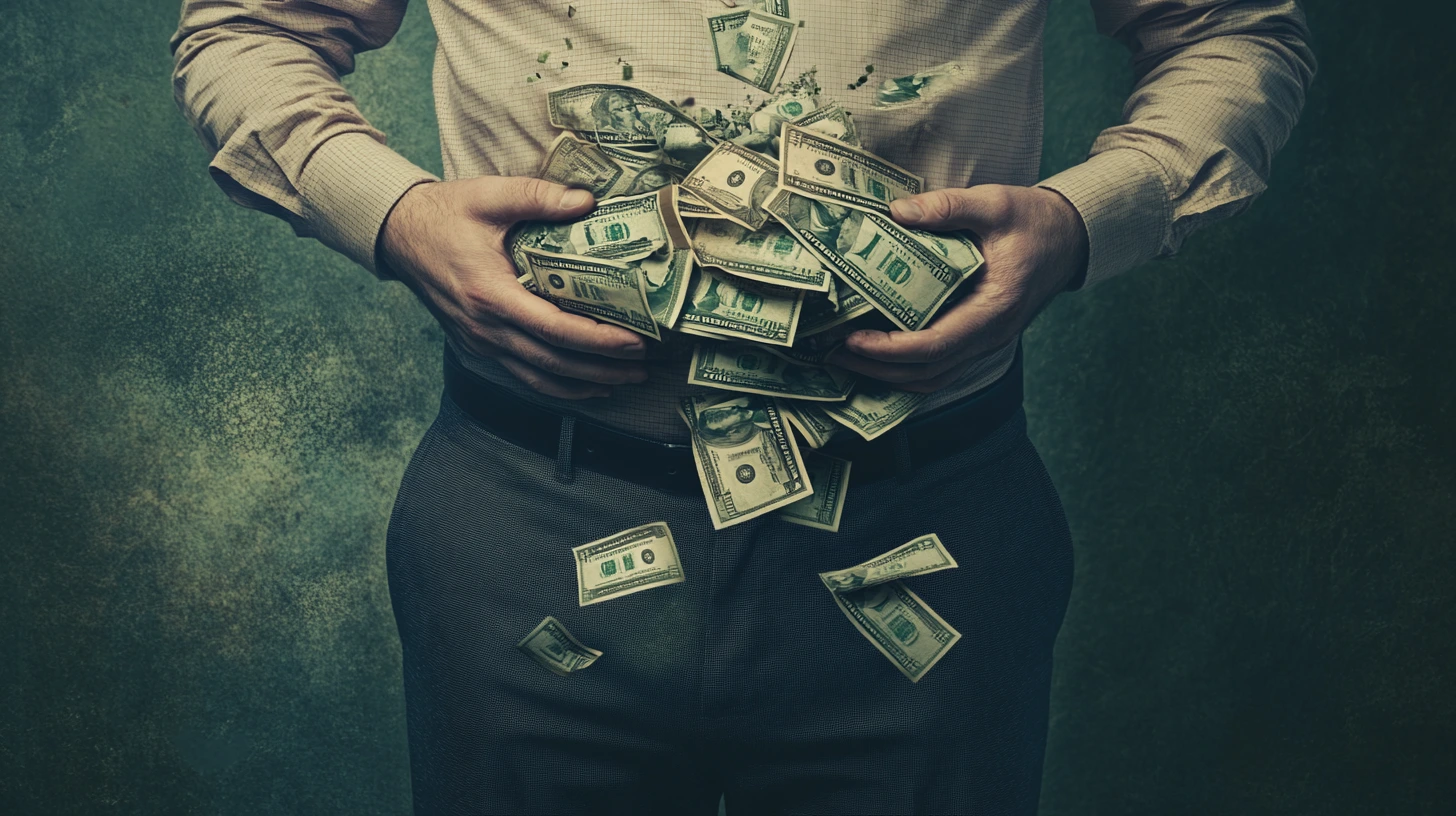 Man holding overflowing cash in hands
