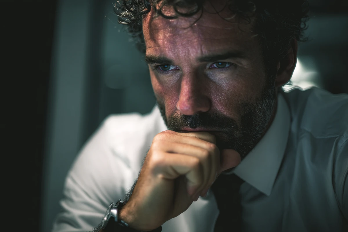 Pensive bearded man in white shirt contemplating