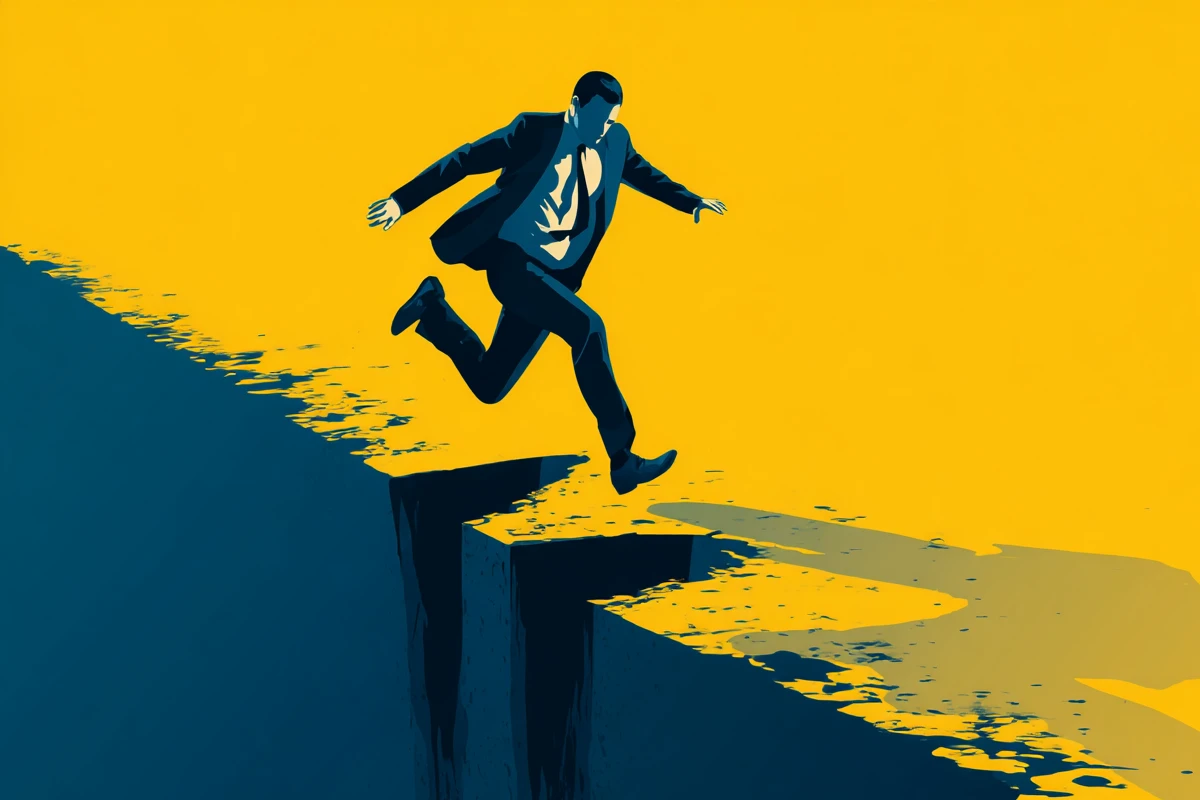 Man in suit leaping over cliff with yellow background