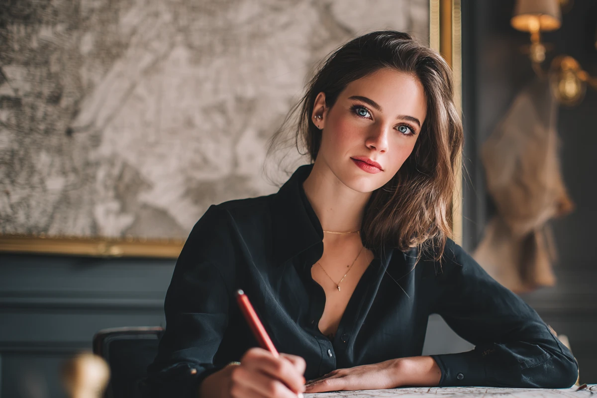 Young woman writing at elegant desk